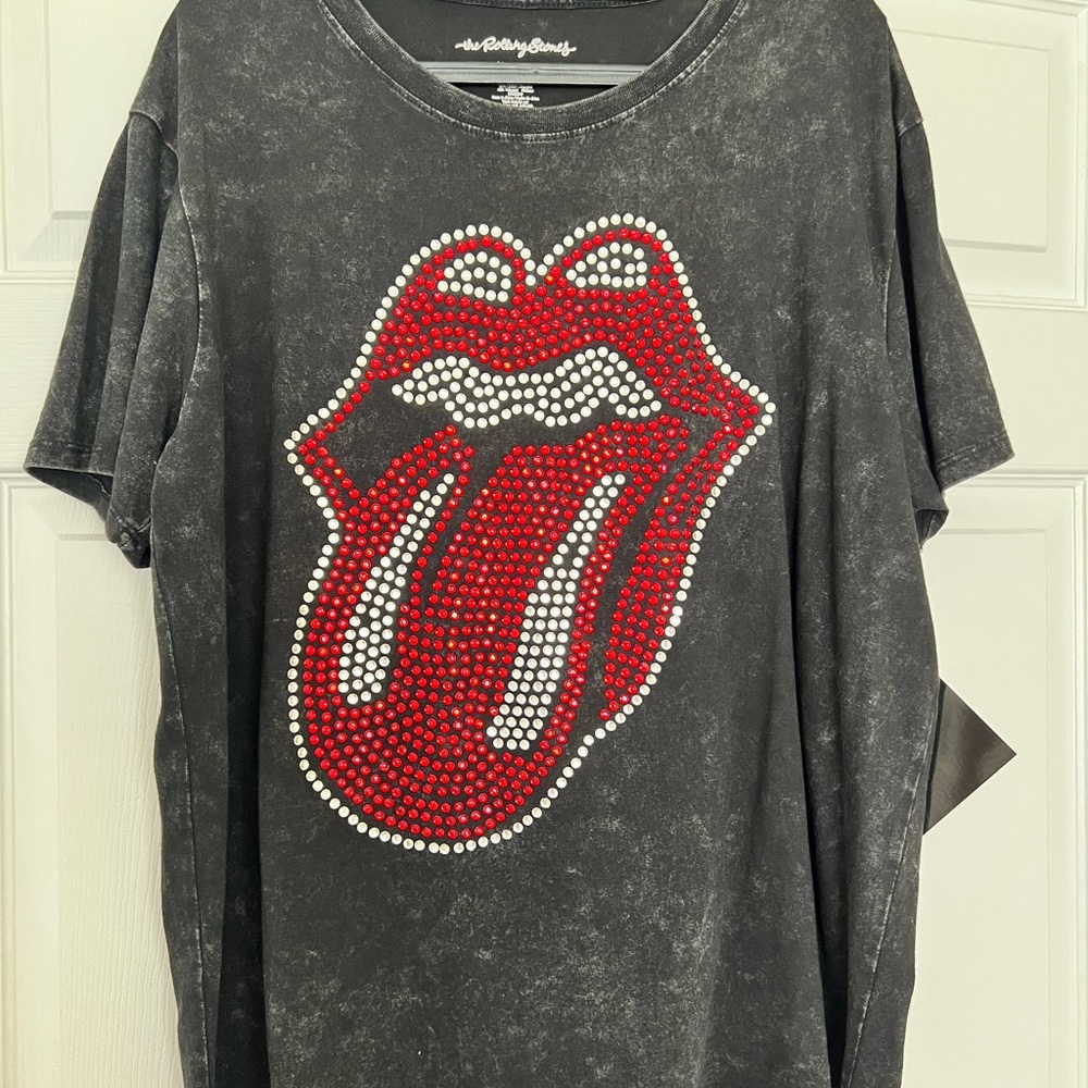 Rolling Stones Acid Wash Black Tee with Red and White rhinestones